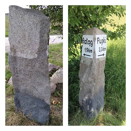 Kolaż dwóch zdjęć przedstawiający przydrożny kamień informacyjny według stanu przed i po odnowieniu.