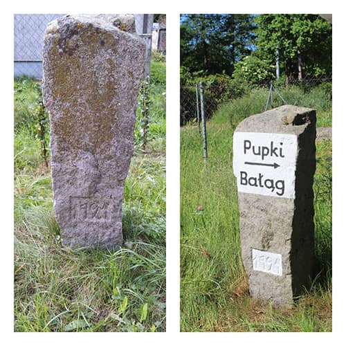 Kolaż dwóch zdjęć przedstawiający przydrożny kamień kierunkowy według stanu przed i po odnowieniu.