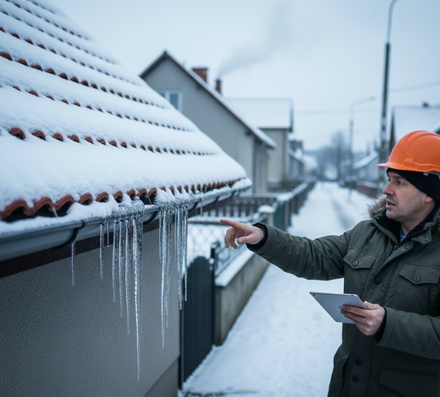 zdjęcie przedstawia inspektora pokazującego na dach ze śniegiem