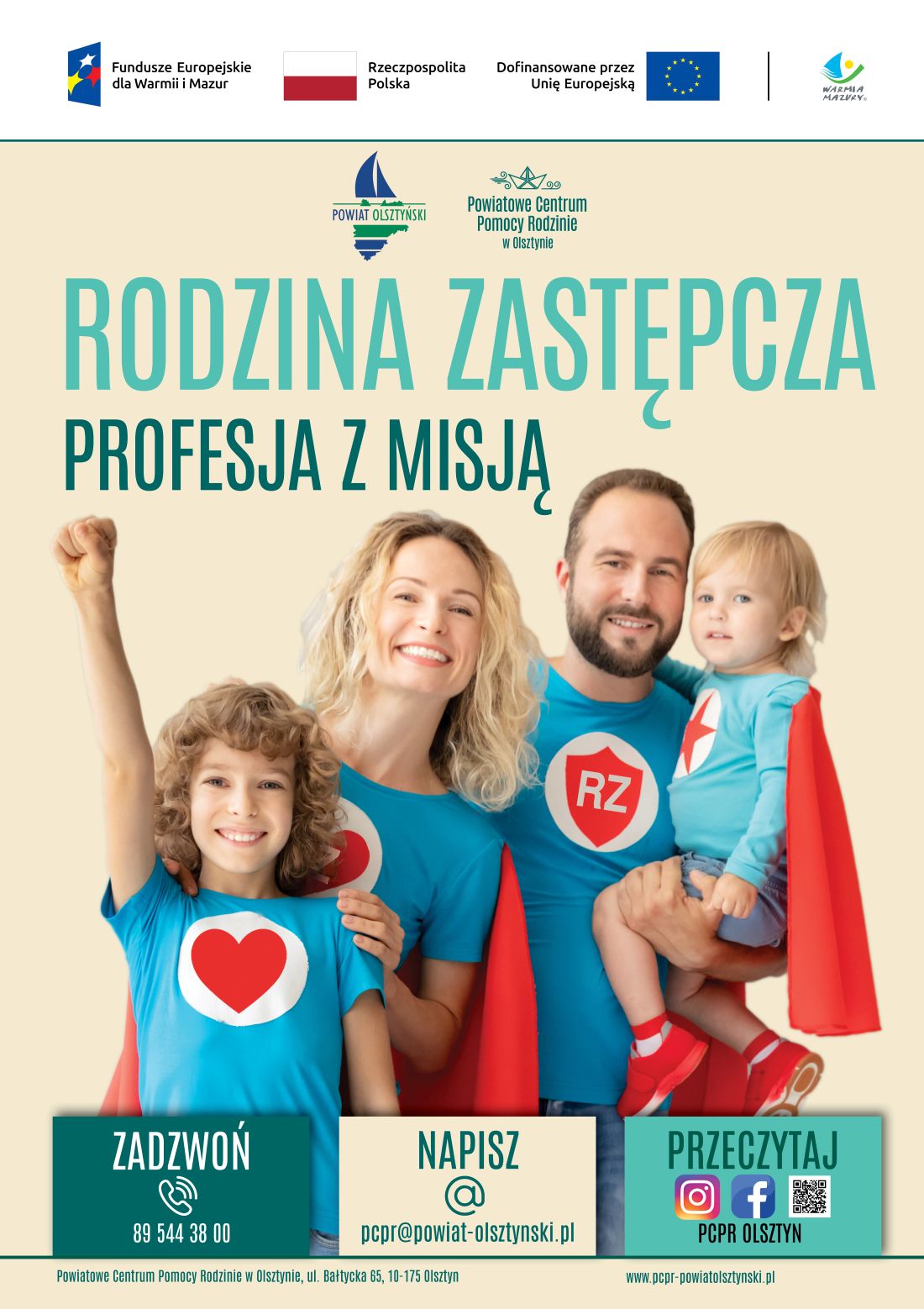 plakat PCPR Olsztyn zdjęcie przedstawiające kobietę i mężczyznę z dziećmi z dziećmi