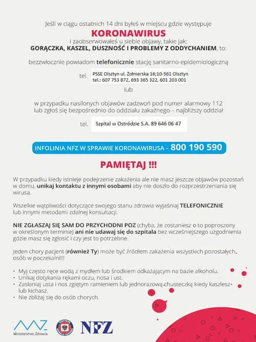 Plakat z informacjami o objawach koronawirusa i telefonami kontaktowymi