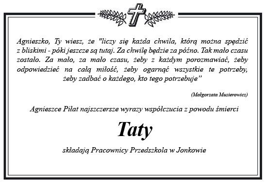 Klapsydra z kondolencjami o treści, jak wyżej