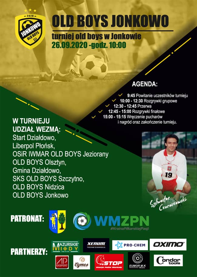 Plakat. W tle boisko piłkarskie i piłkarze. Zdjęcie Sylwestra Czereszewskiego. Treść poniżej.