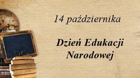 Globus, okulary, książki na stosie i napis 14 października, dzień edukacji narodowej