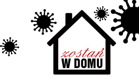 Źródło: Pixabay Rysunek domu z napisem zostań w domu, wokół budynku koronawirusy,