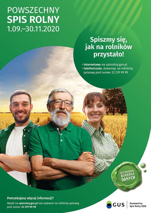 Plakat powszechnego spisu rolnego. Trzy osoby, w tle pole obsiane zbożem.