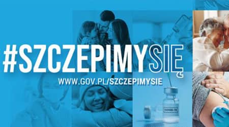 Źródło: Serwis Rzeczypospolitej Polskiej Napis # szczepimy się. W tle różne postaci i ampułka ze szczepionką.
