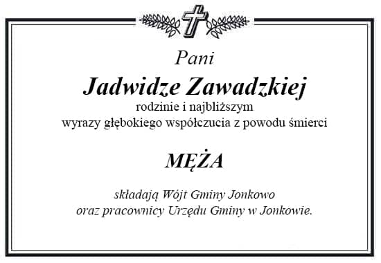 Grafika z napisem. Ramka z krzyżem i liśćmi palmowymi. Treść kondolencji jak powyżej.