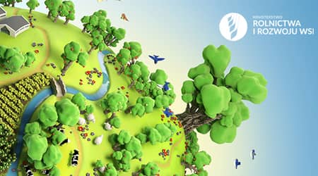 Źródło grafiki MRiRW Grafika przedstawiająca wizualizację komputerową łąki z drzewami i pasącym się bydłem, widzianą z lotu ptaka.