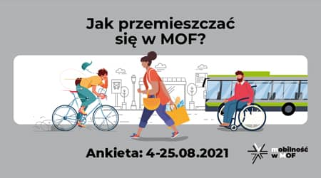 Źródło grafiki: www.olsztyn.eu Grafika przedstawiająca osoby poruszające się różnymi środkami komunikacji. Napis: Jak przemieszczać się w MOF? Ankieta: 4-25.08.2021.
