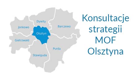 Grafika przedstawiająca konturową mapę powiatu olsztyńskiego oraz napis: konsultacje strategii MOF Olsztyna