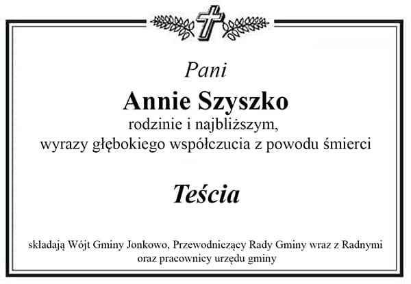 Grafika zawierająca ramkę z krzyżem i liśćmi palmowymi. Wewnątrz tekst kondolencji jak powyżej.