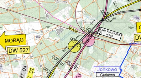 Grafika przedstawiająca fragment mapy z różnymi wariantami obwodnicy.