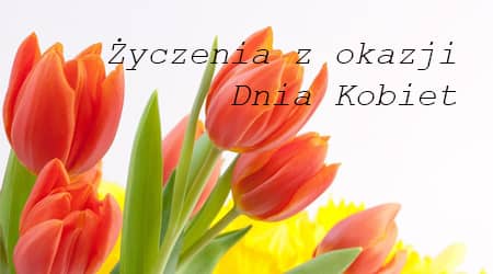 Źródło grafiki: Pixabay. Grafika z bukietem tulipanów i napisem: życzenia z okazji dnia kobiet.