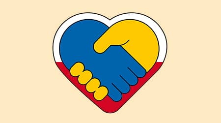 Na podstawie grafiki: Matiasgalarza0333 z Pixabay, UG Jonkowo Grafika z trzymającymi się dłońmi w barwach ukraińskich wewnątrz serca w barwach biało-czerwonych.