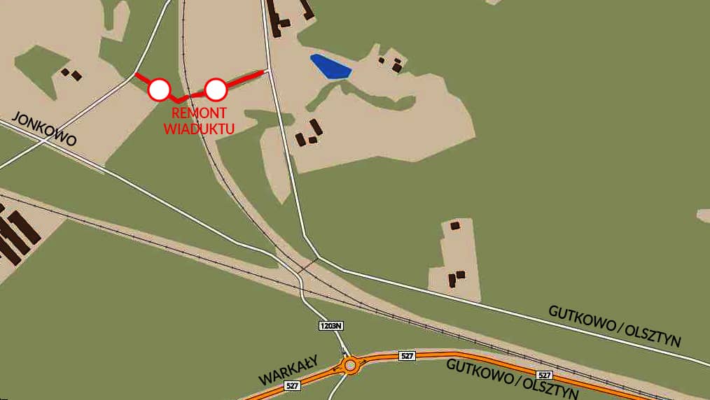 Mapa przedstawiająca odcinek drogi gminnej zamknięty w wyniku remontu wiaduktu kolejowego.