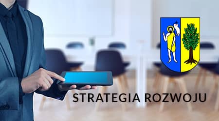 Zdjęcie postaci trzymającej w ręku tablet na tle sali konferencyjnej. Herb gminy Jonkowo i napis: strategia rozwoju