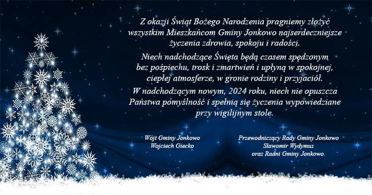 Grafika nocnego nieba z świetlistą choinką złożoną z gwiazdek oraz życzenia o treści jak we wstępie artykułu.