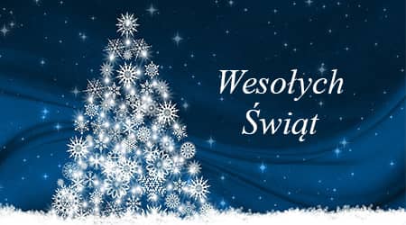 Na podstawie grafiki Gerda Altmana z serwisu Pixabay. Grafika z tłem nocnego nieba i choinką wykonaną z gwiazd i śnieżynek oraz napis wesołych świąt.