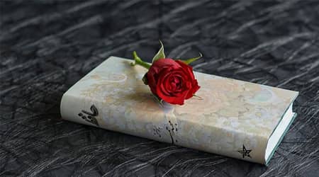 Autorstwo zdjęcia: Gabriele M. Reinhardt z serwisu Pixabay Zdjęcie róży leżącej na zamkniętej książce.