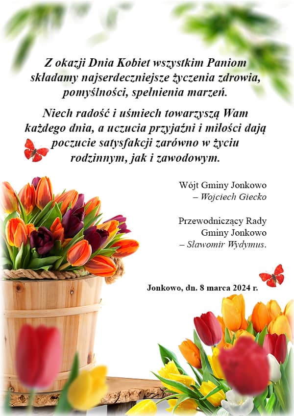 Grafika zawierająca bukiety tulipanów i życzenia o treści jak we wstępie artykułu.