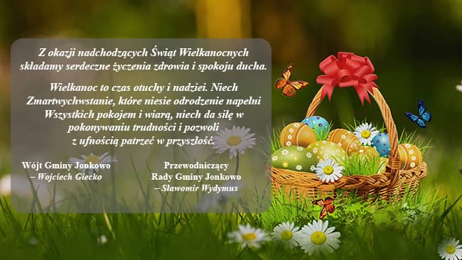 Grafika z koszem wielkanocnym na tle natury i życzeniami o treści jak powyżej