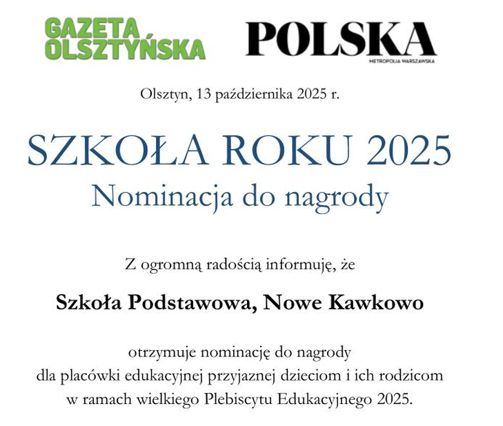 Informacja o nominacji do Szkoła Roku