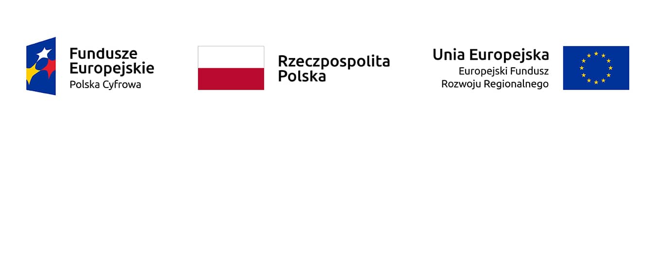 Baner z logo funduszy europejskich, programu Polski cyfrowej oraz flagami Polski i Unii Europejskiej.