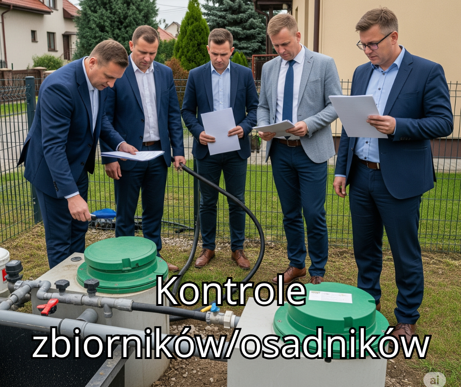 Zdjęcie przedstawia dwóch urzędników gminnych, mężczyznę i kobietę, podczas kontroli na posesji w Jonkowie. Mężczyzna w niebieskiej koszuli i kamizelce ochronnej pochyla się nad otwartym włazem zbiornika, prawdopodobnie szamba lub przydomowej oczyszczalni ścieków. Kobieta, również w kamizelce, stoi obok niego, trzymając tablet lub notes i długopis, prawdopodobnie zapisując ustalenia kontroli. W tle widać fragment zabudowań mieszkalnych i zieleni. Scena oddaje proces weryfikacji sposobu gospodarowania nieczystościami ciekłymi, co jest zgodne z obowiązkami samorządów