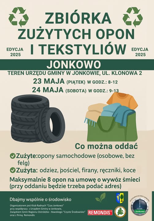 zdjęcie przedstawia Urząd Gminy w Jonkowie serdecznie zaprasza mieszkańców do udziału w kolejnej edycji zbiórki zużytych opon i tekstyliów, która odbędzie się w maju 2025 roku! Dbajmy wspólnie o środowisko!