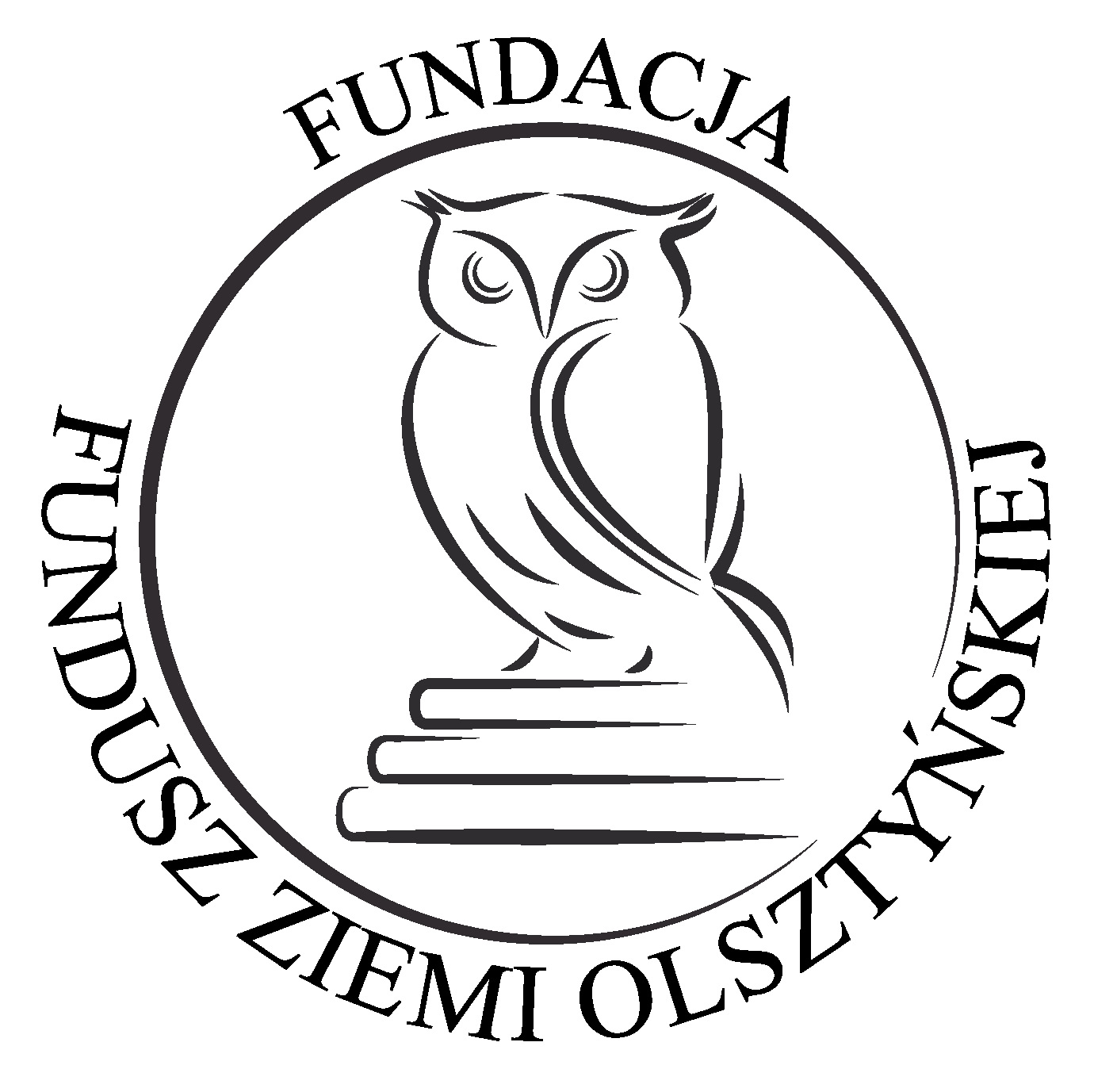 logo funacji ziemi olsztyńskiej, czarno-biały syl sowy siedzący na kilku książkach