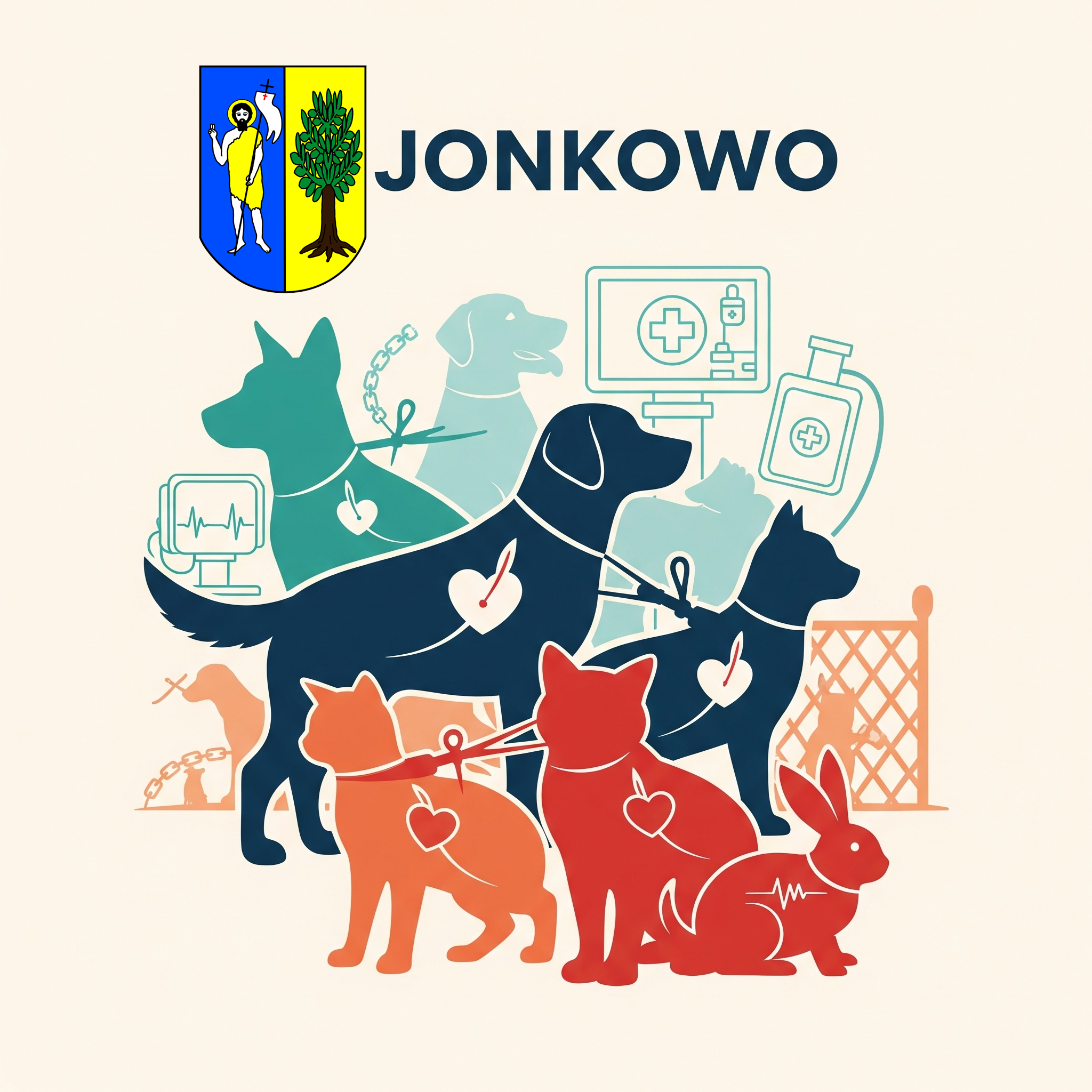 zdjęcie przedstawia kontury psów i kotów, z wyraźnie zarysowanymi sercami, symbole medyczne, oraz herb gminy jonkowo  i napis Jonkowo