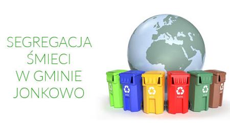 Z lewej napis: segregacja śmieci w gminie, z prawej kolorowe kosze na odpady i kula ziemska