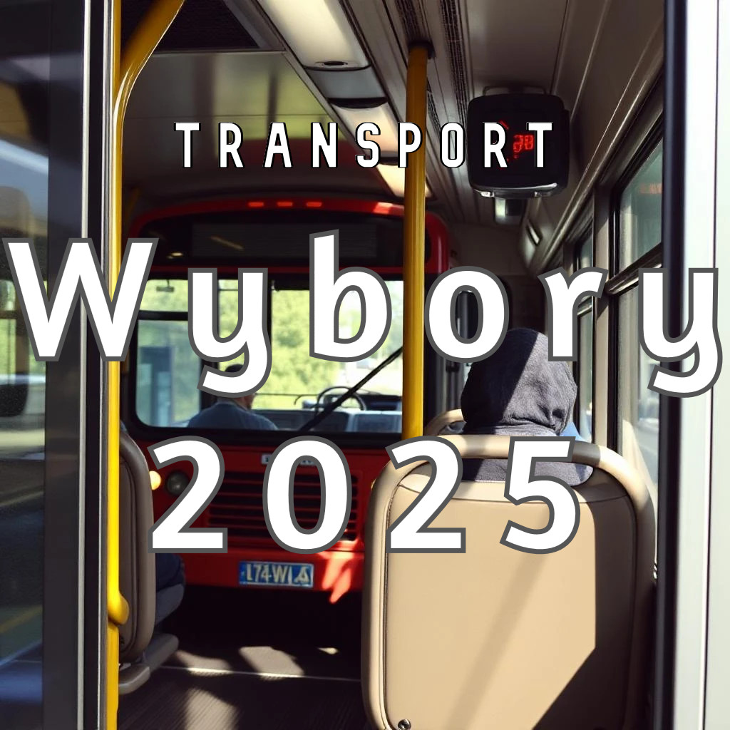 Wnętrze autobusu z napisem transport wybory 2025
