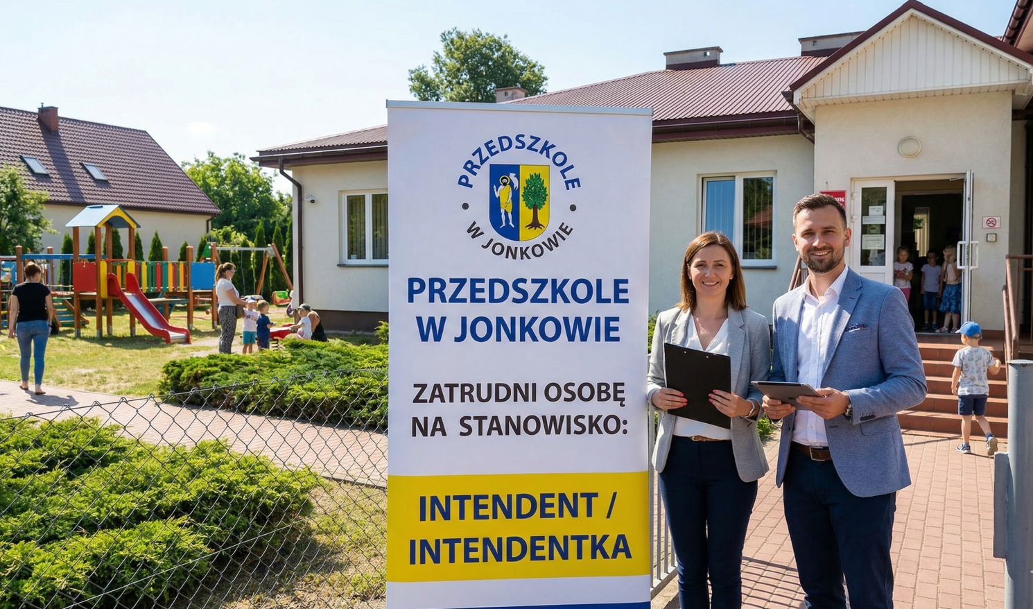 źródło: Gemini zdjęcie przedstawia front przedszkola i napis zatrudni osobę