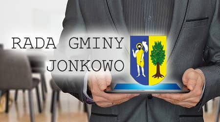 Na podstawie obrazu Pixabay, UG Jonkowo Napis Rada Gminy Jonkowo i herb. W tle postać trzymająca tablet.