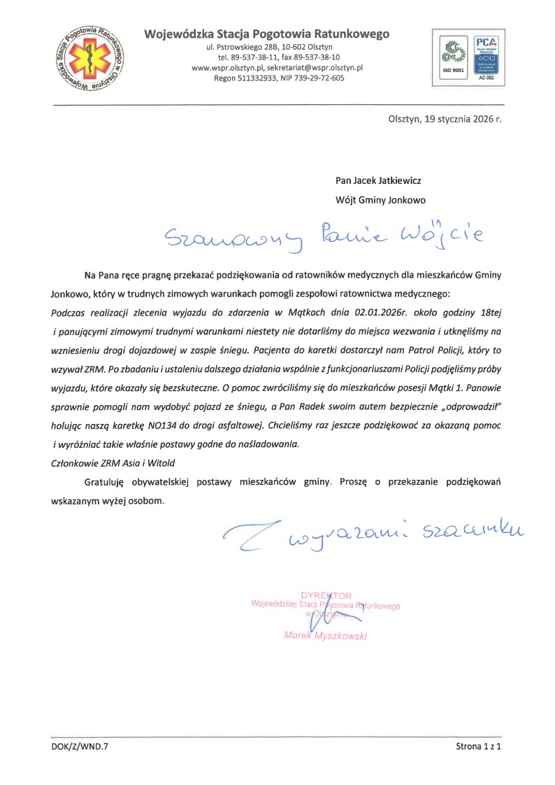 pismo z wojewódzkiej stacji pogotowia ratunkowego