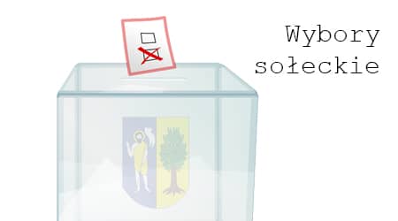 Grafika z urną wyborczą i kartą do głosowania. Napis: wybory sołeckie.